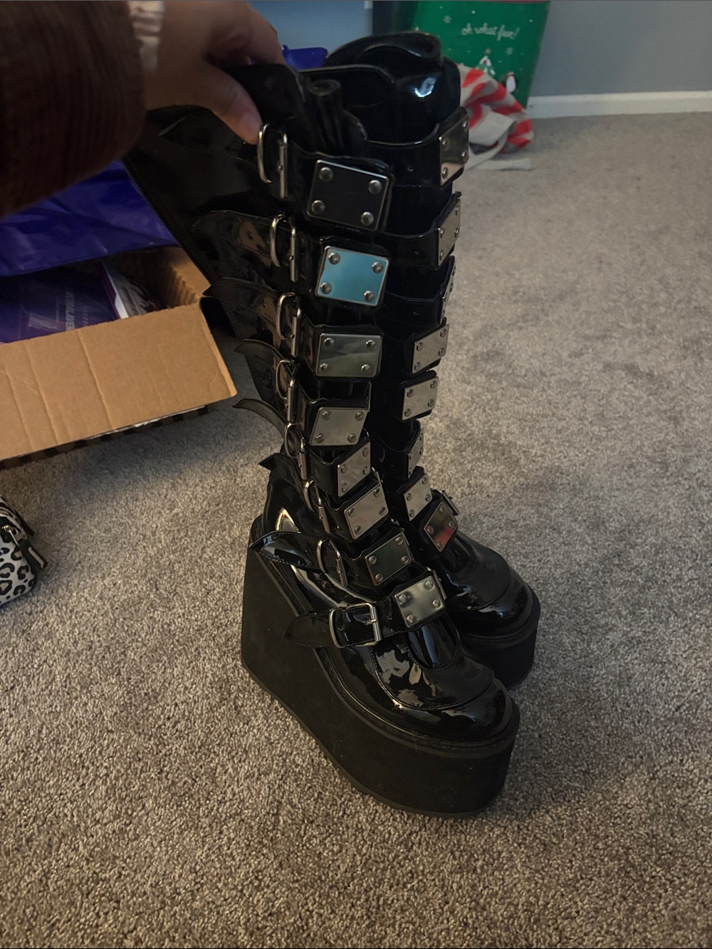 Women’s Demonia Black Knee High Buckle Platform Boots